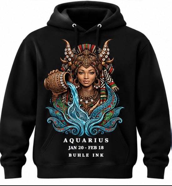 Aquarius Hoodie in black fabric, featuring a vivid ornate woman and flowing blue water graphic with white zodiac lettering.