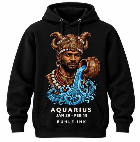 Aquarius Man Hoodie in black cotton-blend fabric, featuring a vibrant Aquarius figure and flowing blue water graphic.