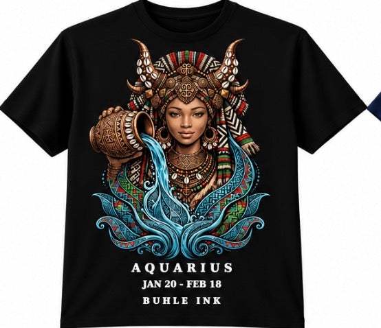 Aquarius Tee in black cotton with a colorful graphic of a crowned woman pouring water, and white zodiac lettering.