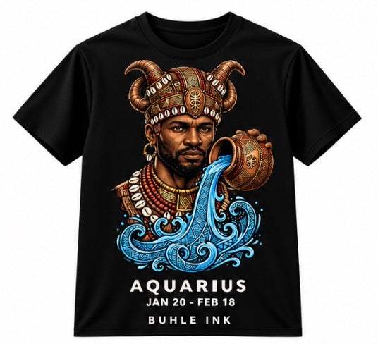 Aquarius Man Tee, black cotton shirt with a detailed horned warrior, ornate blue water swirls, and zodiac text.
