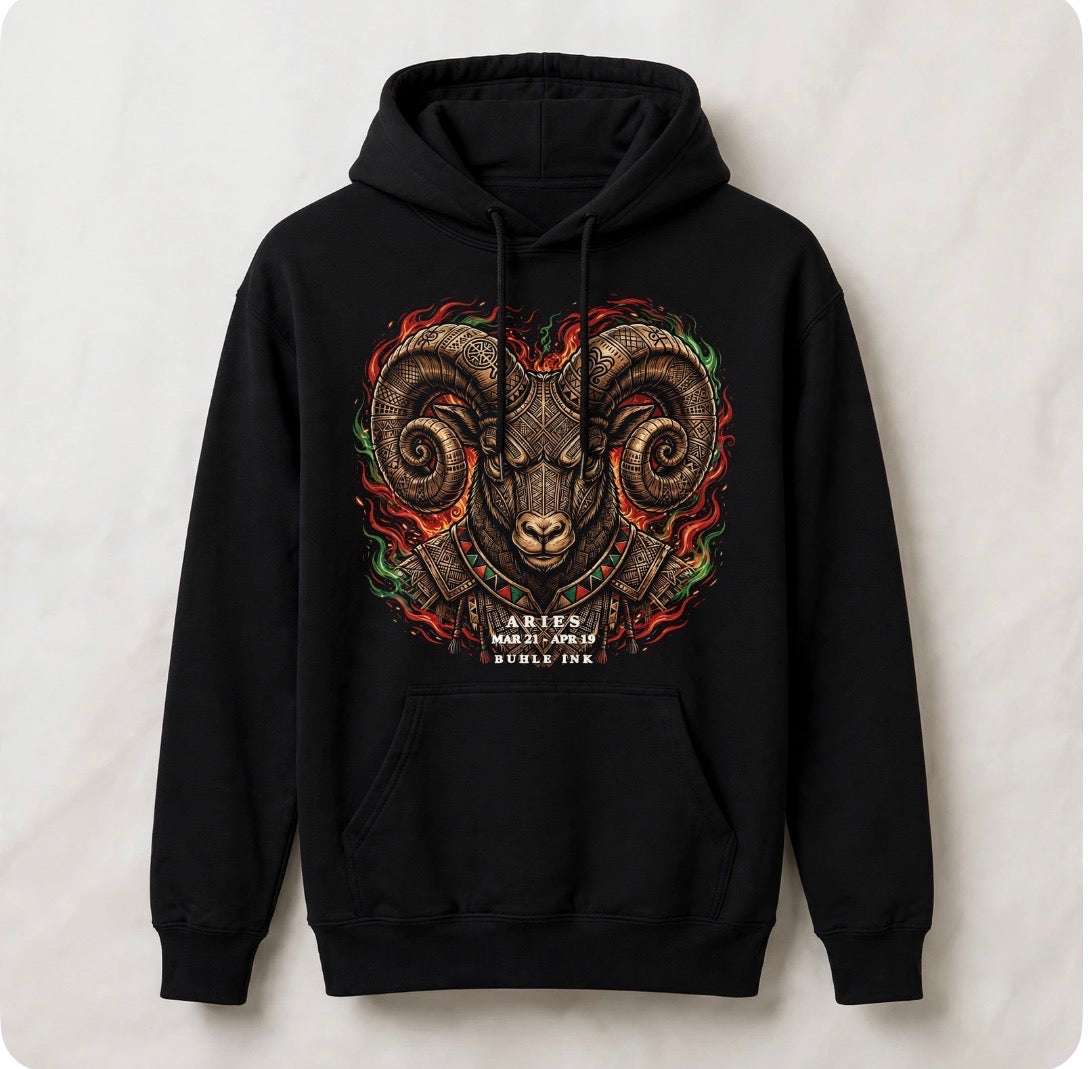 Aries Hoodie in black cotton with a pullover hood, front pocket, and ornate ram head zodiac graphic.