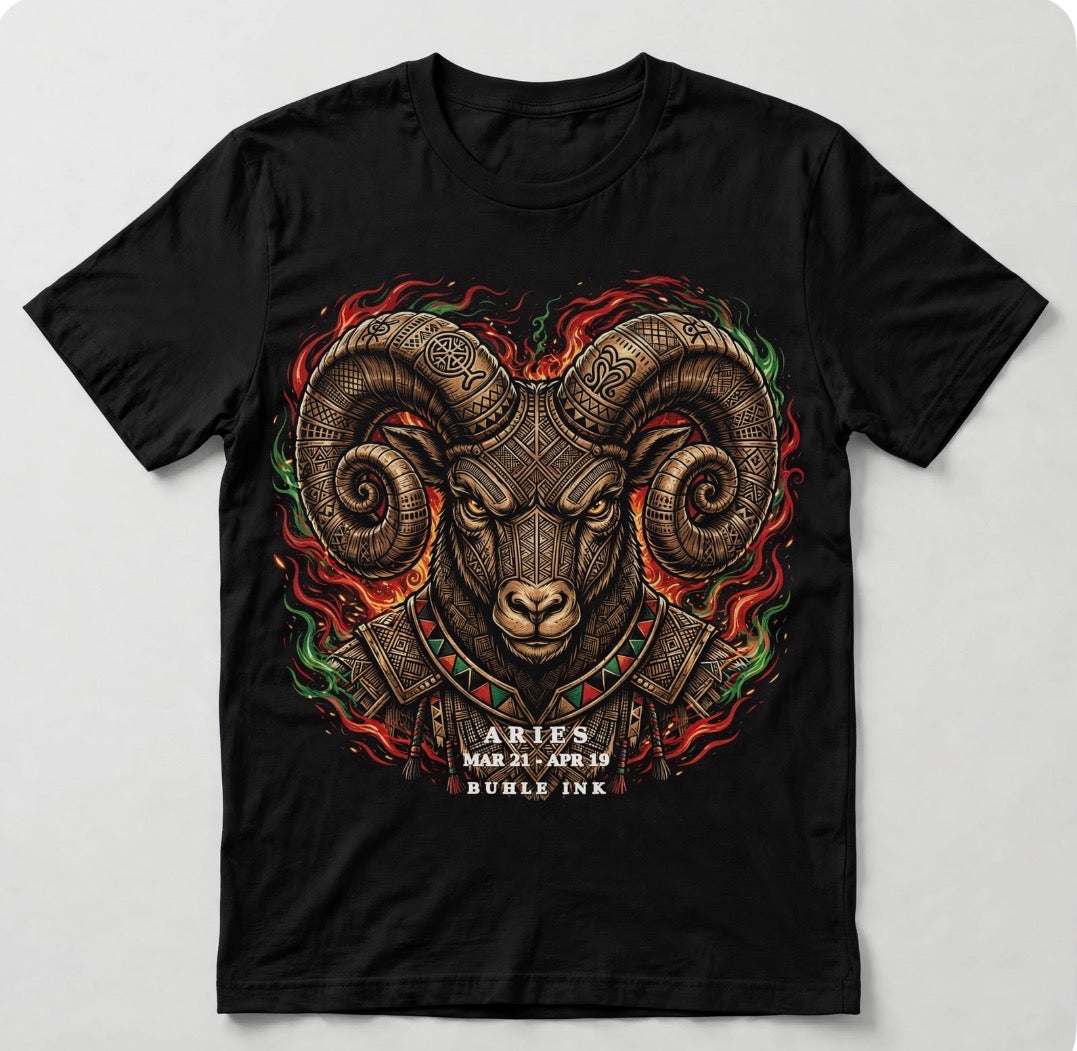 Aries Tee, black cotton T-shirt with a colorful ornate ram graphic and zodiac text on the front.