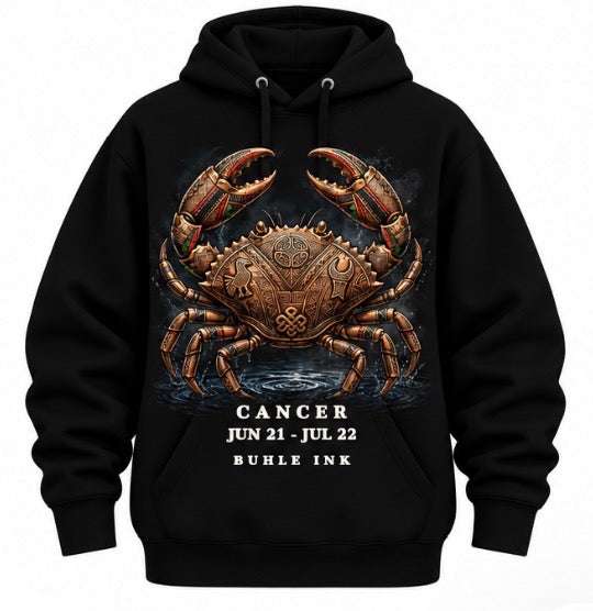 Cancer Hoodie, black pullover with a front graphic of an ornate bronze crab and “Cancer” zodiac dates in white lettering.