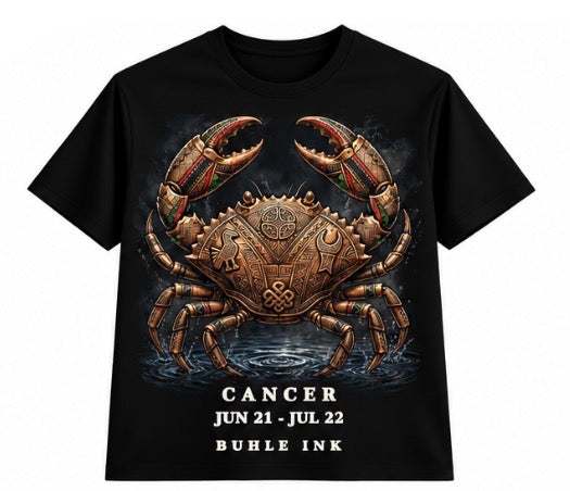Cancer Tee in black cotton with a detailed bronze crab illustration, zodiac symbols, and white lettering.