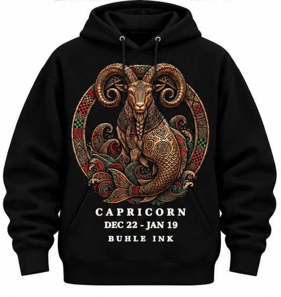 Black Capricorn Hoodie with drawstring hood and ornate multicoloured goat and fish zodiac graphic with text underneath
