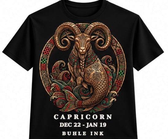 Capricorn Tee in black cotton featuring a detailed, multicoloured horned goat illustration and zodiac text on the front.
