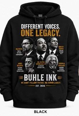Black   Different Voices Hoodie premium heavyweight streetwear pullover by Buhle Ink Apparel.