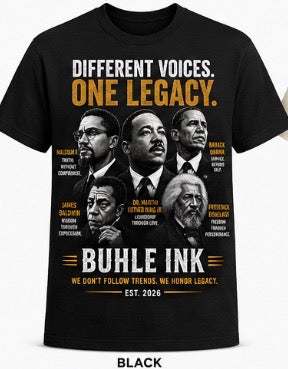 Black and white heritage T-shirt design featuring portraits of Malcolm X, Martin Luther King Jr., Barack Obama, James Baldwin, and Frederick Douglass with gold accents, titled Different Voices.