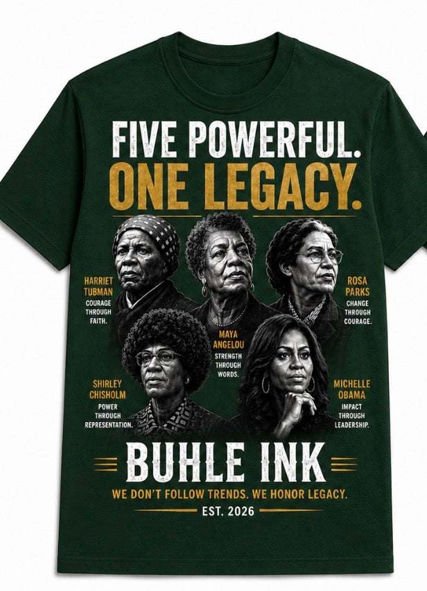Graphic tee featuring portraits of five powerful women Harriet Tubman, Maya Angelou, Rosa Parks, Shirley Chisholm, and Michelle Obama