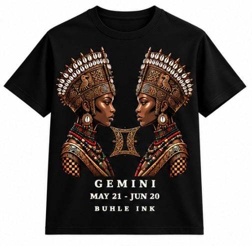 Gemini Tee in black cotton with an ornate print of two mirrored figures, Gemini symbol, and zodiac dates.