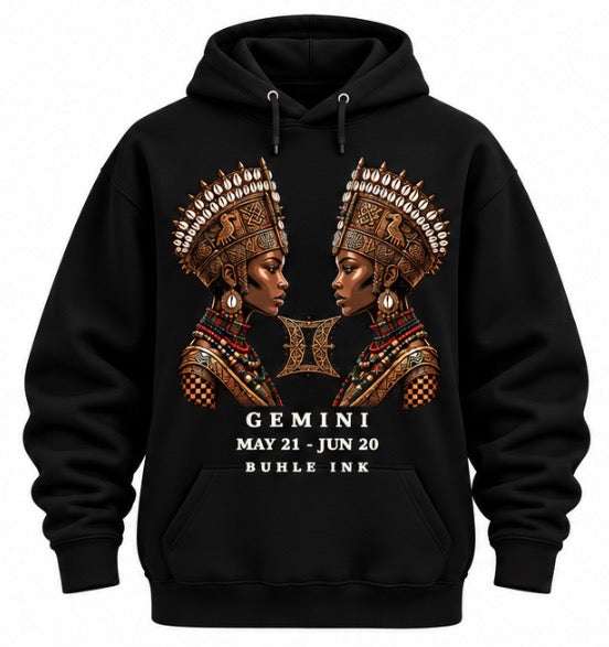 Gemini Woman Hoodie in black with a twin portrait graphic, jeweled headdresses, Gemini symbol, and white zodiac text.