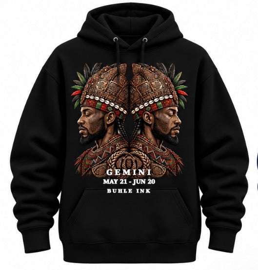 Gemini Man Hoodie in black fleece, featuring a colorful, detailed print of two mirrored men in ornate headdresses with Gemini text.