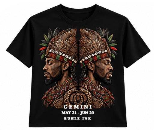 Gemini Man Black Tee in cotton, featuring a colorful mirrored portrait of two men in ornate crowns and Gemini lettering.