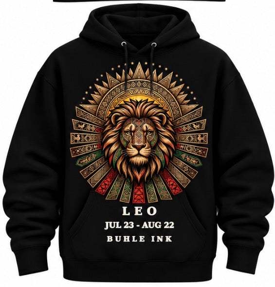 Leo Hoodie in black fabric, featuring an ornate multicoloured lion and zodiac sunburst graphic with Leo dates and lettering.