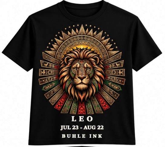 Leo Tee in black cotton, featuring a colorful ornate lion head, geometric sunburst, and bold zodiac text on the front.