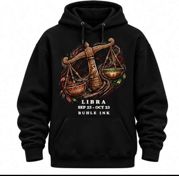 Libra Hoodie in black cotton fabric, featuring an ornate gold and bronze scales graphic with Libra lettering.