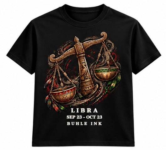 Libra Tee featuring a black cotton-style short-sleeve shirt with an ornate bronze balance scale, colorful details, and Libra lettering.