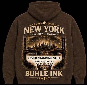 Loyalty City in Motion Hoodie showcasing New York graphic with gold details and Buhle Ink crown design
