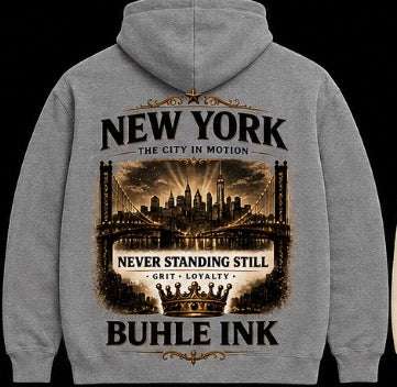Loyalty "City in Motion" Hoodie with New York graphic and gold detailing showing city pride