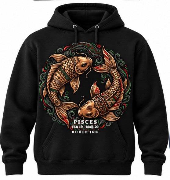 Pisces Hoodie in black with a detailed multicolored design of two ornamental fish circling the Pisces zodiac symbol.