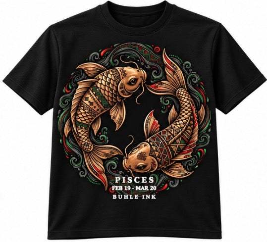Pisces Tee in black cotton with two ornate bronze koi fish, swirling accents, and white zodiac lettering on the front.