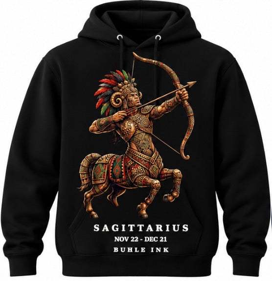 Sagittarius Hoodie in black cotton-blend fabric, featuring a colorful centaur archer graphic and white zodiac lettering.