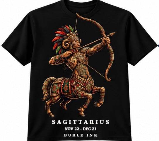 Sagittarius Tee in black cotton with a colorful centaur archer graphic and white zodiac lettering beneath.