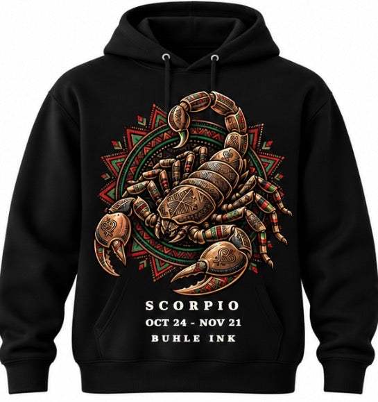 Scorpio Hoodie in black cotton with drawstring hood, featuring an ornate bronze scorpion and geometric zodiac print.
