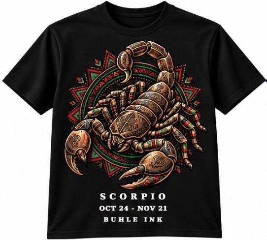 Scorpio Tee in black cotton with a colorful ornate scorpion and mandala print, plus zodiac dates below.