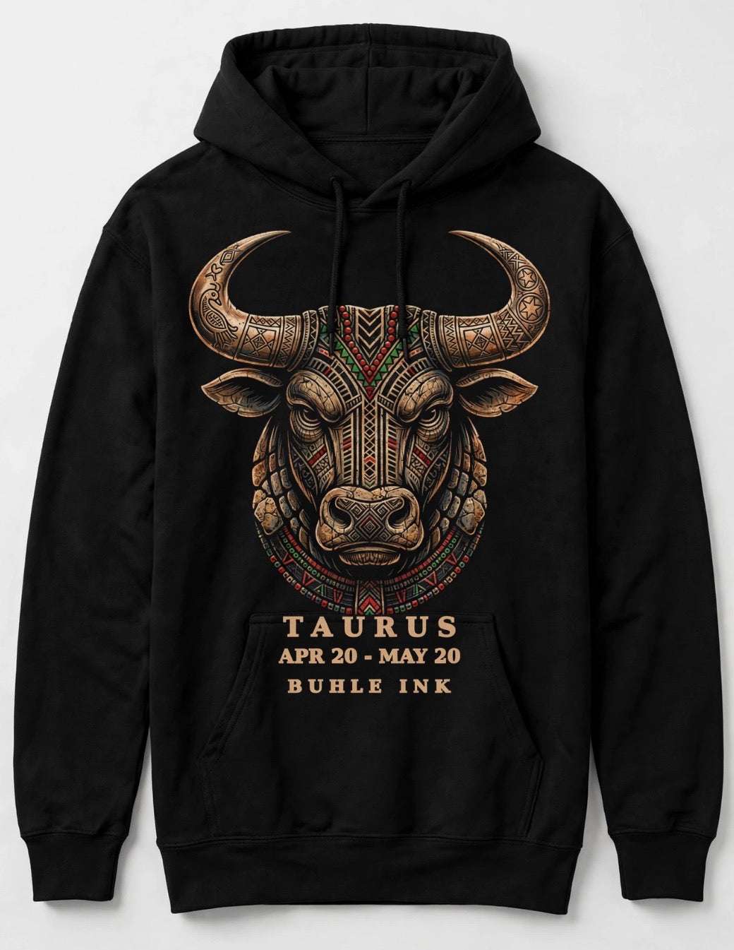 Taurus Hoodie in black, featuring a detailed bronze and red Taurus bull graphic with zodiac dates and lettering.