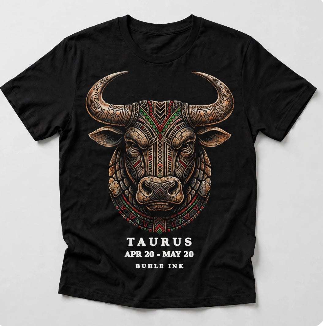 Taurus Tee in black cotton with an ornate multicolored bull graphic and “Taurus” zodiac text on the front.