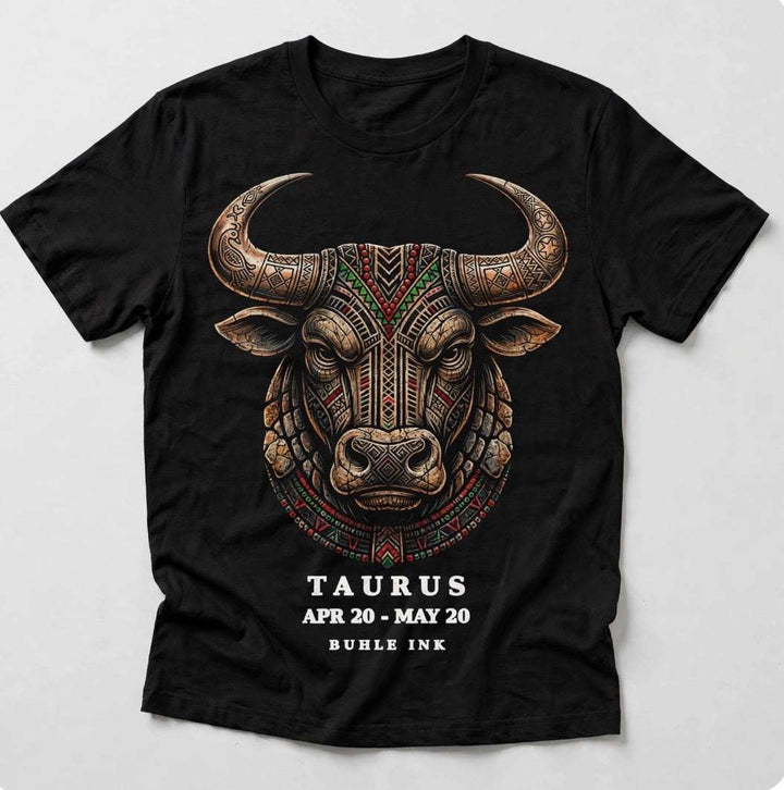 Taurus Tee in black cotton with an ornate multicolored bull graphic and “Taurus” zodiac text on the front.