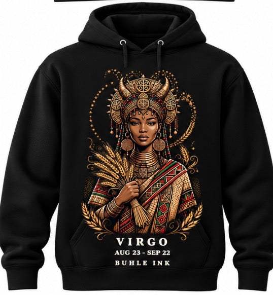 Virgo Hoodie in black cotton with a colorful zodiac portrait, ornate headdress, and Virgo lettering across the front.