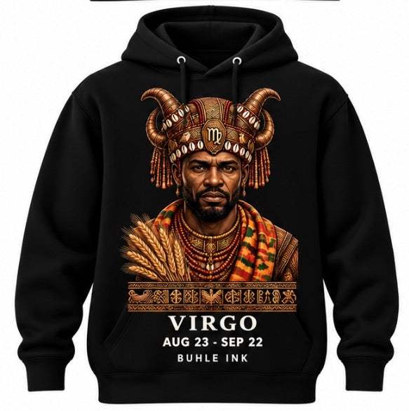 Virgo Man Hoodie in black, featuring a bold portrait with an ornate horned headdress, wheat and zodiac text graphic.