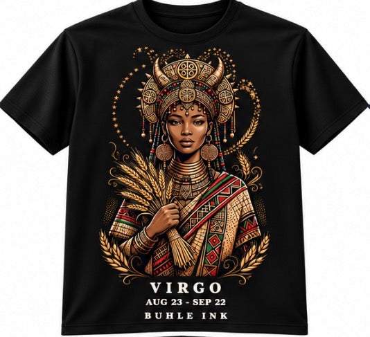 Virgo Tee in black cotton features a colorful, ornate portrait with wheat stalks and “VIRGO” lettering.