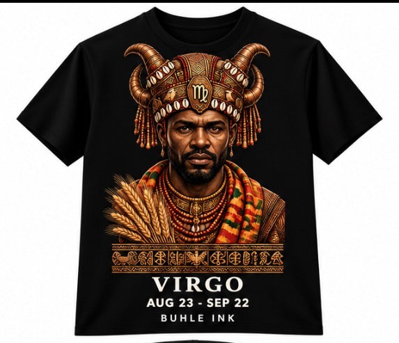 Virgo Man Tee in black cotton with a bold portrait of a bearded man in an ornate horned headdress and gold Virgo lettering.