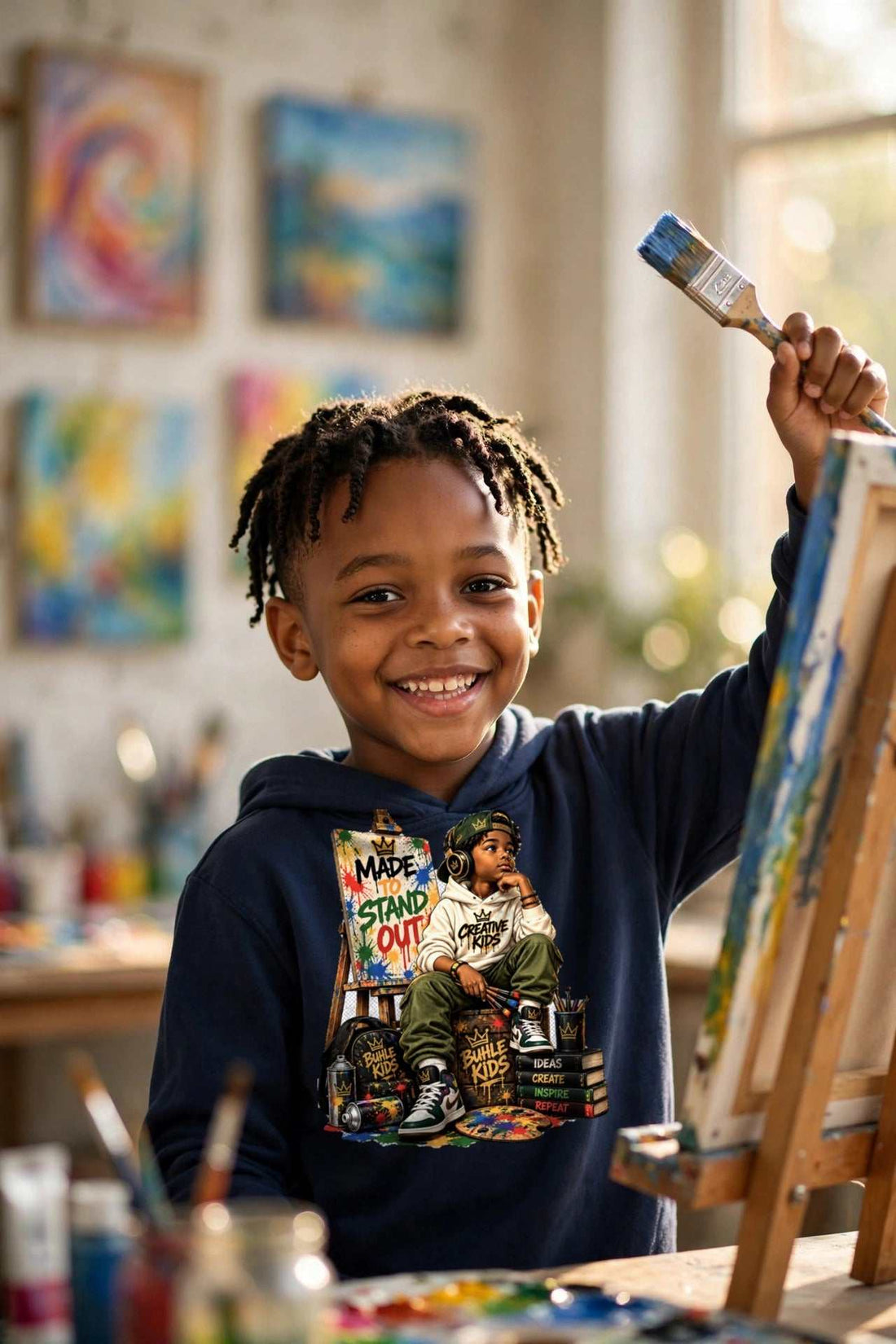 Buhle Kids Artist Hoodie in navy cotton, featuring a colorful artist graphic with bold “Made to Stand Out” text.