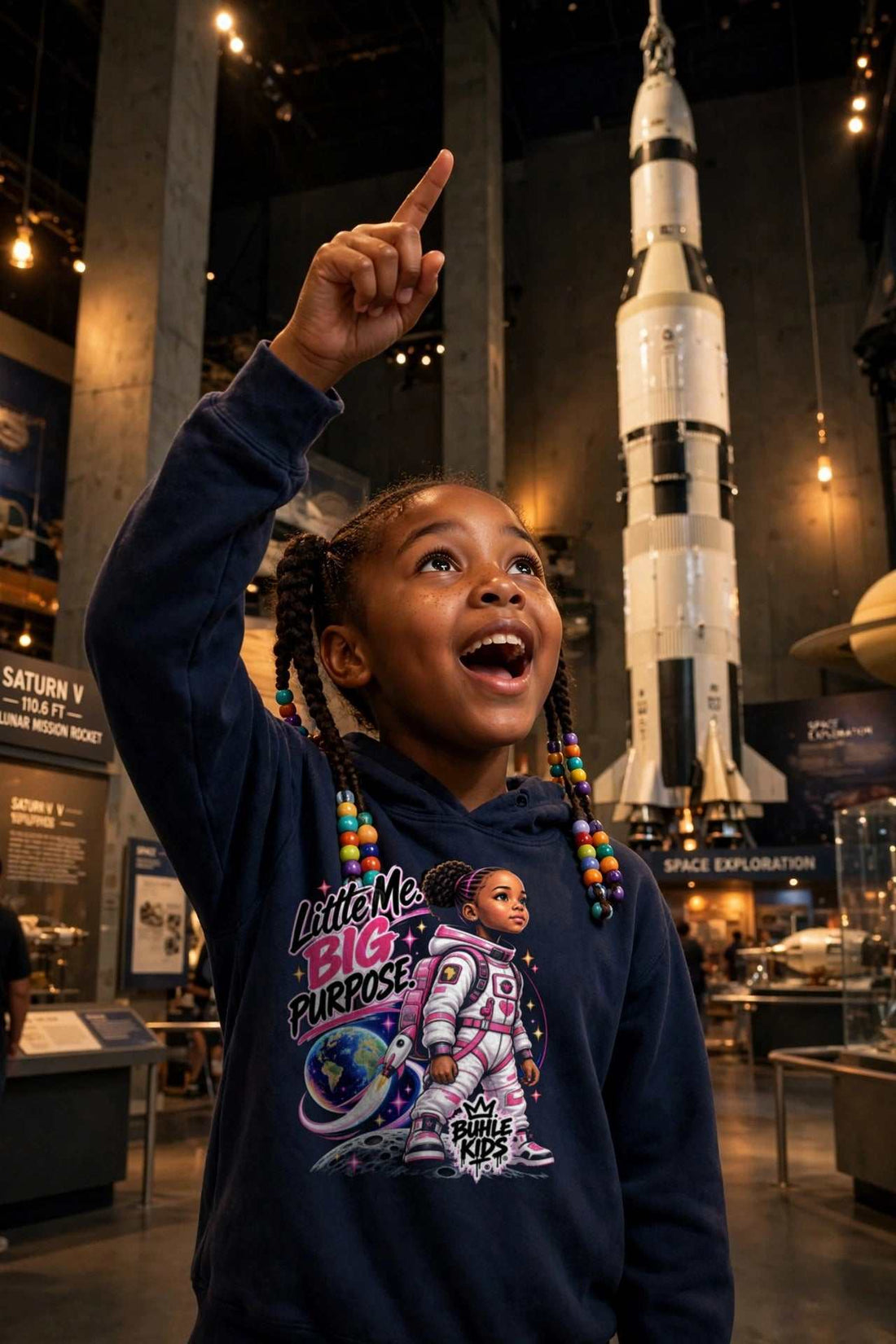 Buhle Kids Astronaut Hoodie in navy cotton, featuring a colorful astronaut graphic and “Little Me. Big Purpose.” text.