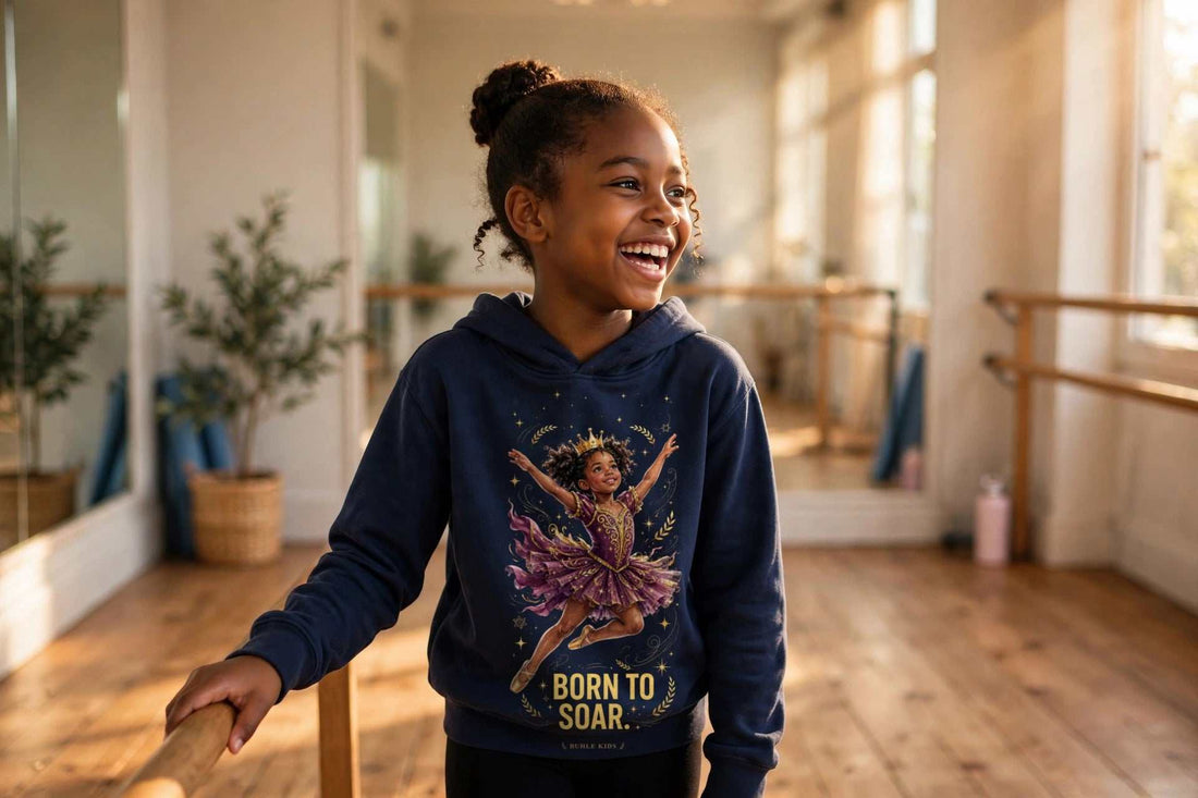 Buhle Kids Ballerina Hoodie in navy, with a colorful ballerina graphic, gold stars, and “Born to Soar” lettering.