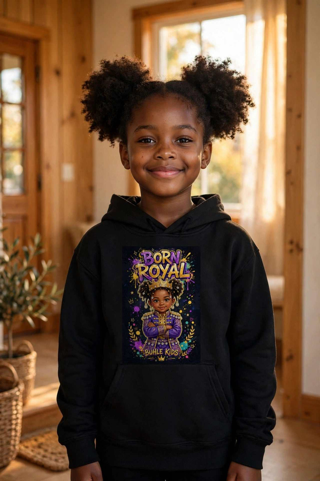 Buhle Kids Born Royal Hoodie in black cotton, featuring a colourful “Born Royal” crown and portrait graphic on the front.