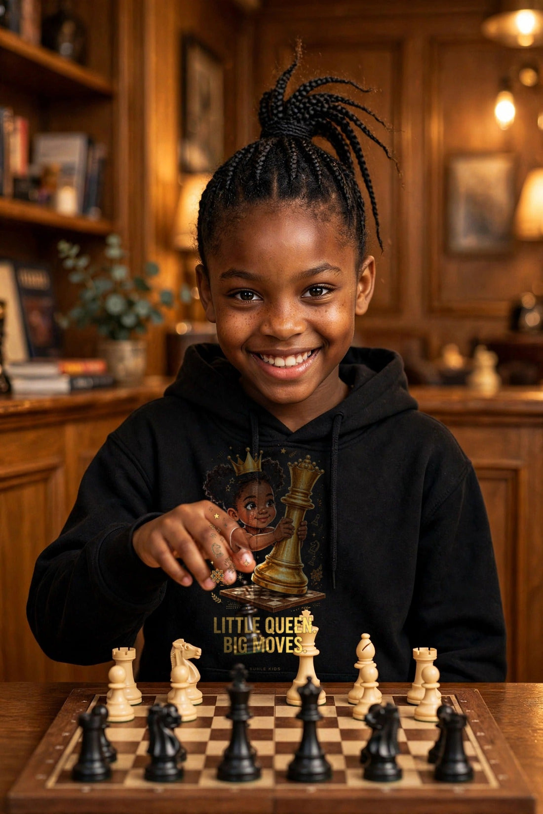 Buhle Kids Chess Queen Hoodie in black cotton, featuring a colorful chess queen graphic and “Little Queen, Big Moves” text.