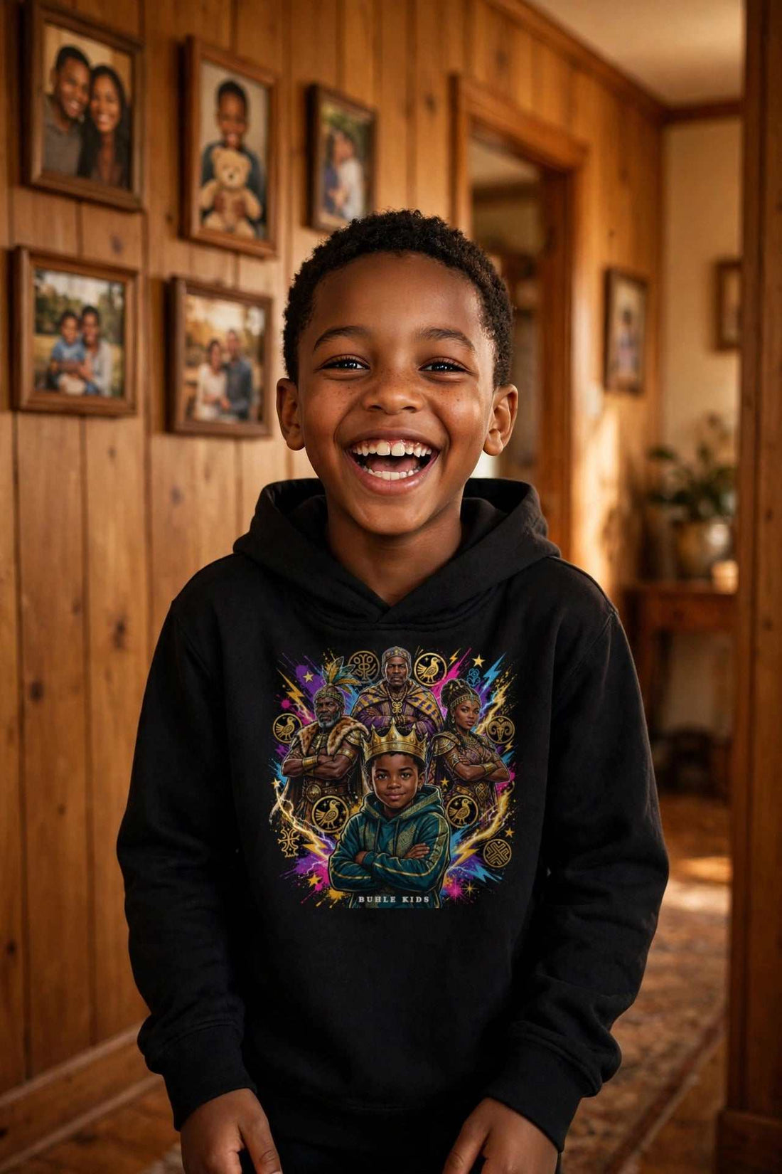 Buhle Kids Legacy Squad Hoodie in black cotton fleece, featuring a colorful illustrated ancestral design across the chest.