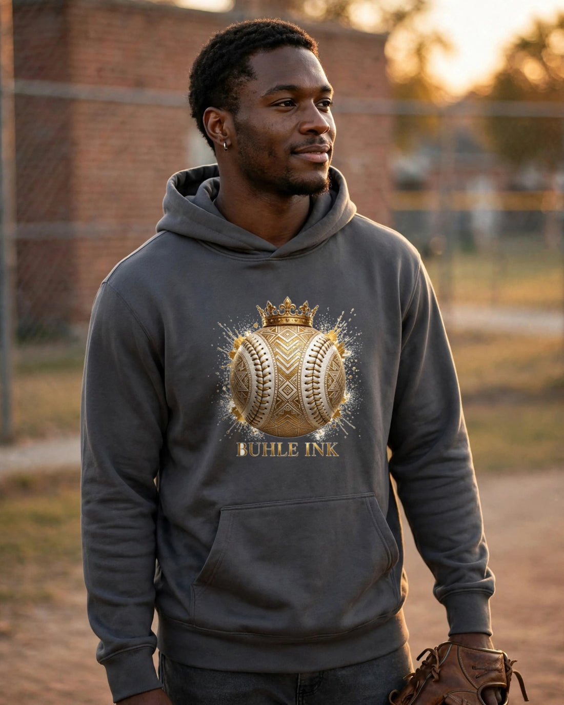 Crowned Baseball Hoodie — crowned design worn by a model