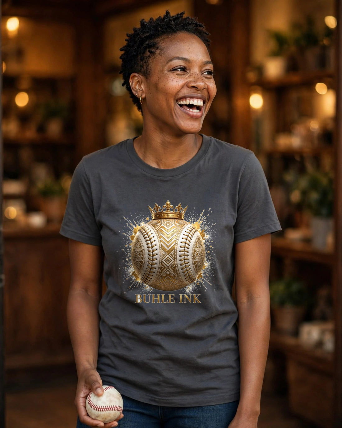 Crowned Baseball Tee — crowned design worn by a model
