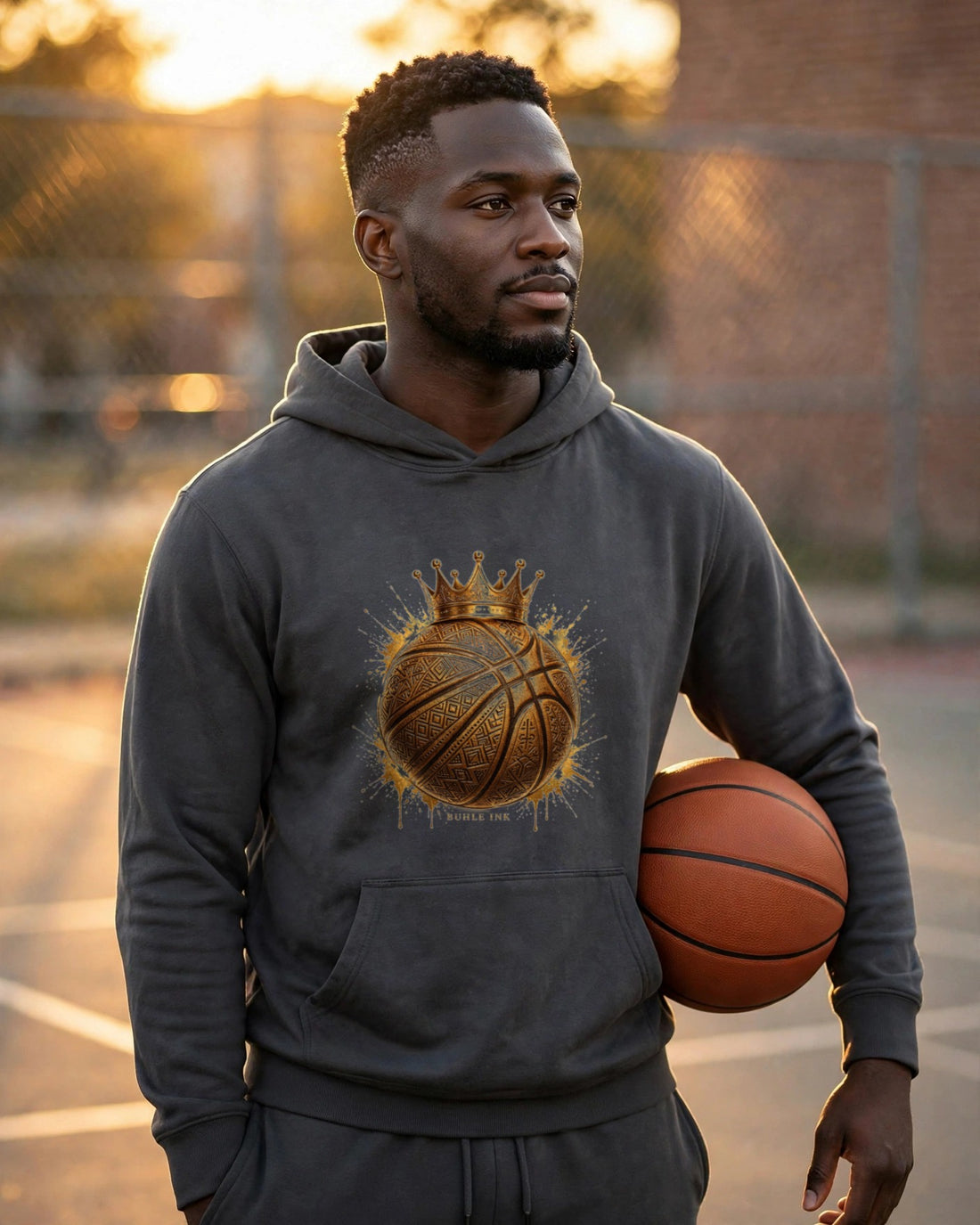 Crowned Basketball Hoodie — gold crowned basketball design worn by a model