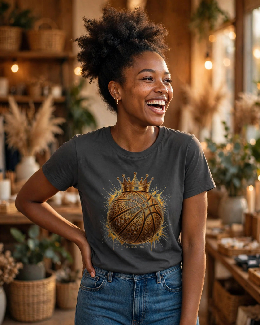 Crowned Basketball Tee — gold crowned basketball design worn by a model