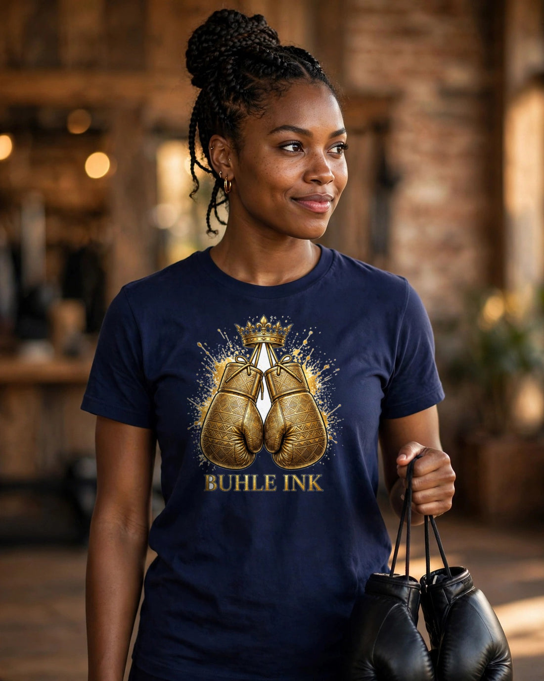 Crowned Boxing Tee — crowned design worn by a model