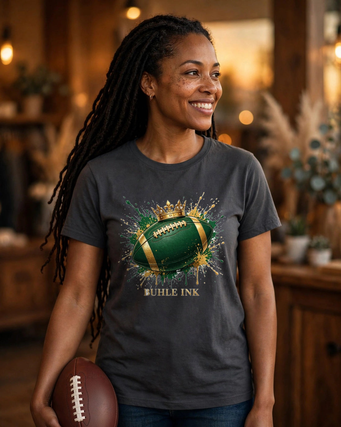 Crowned Football Tee — crowned design worn by a model