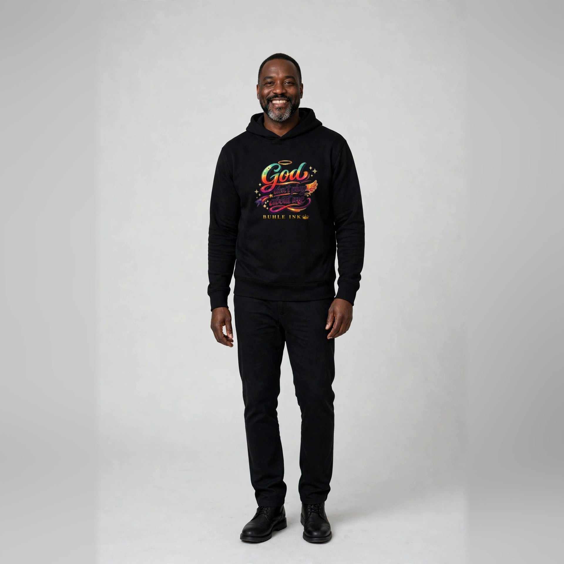 God Don't Play About Me Hoodie in Black, worn by a model. Model is 6'0" and wears size Large.