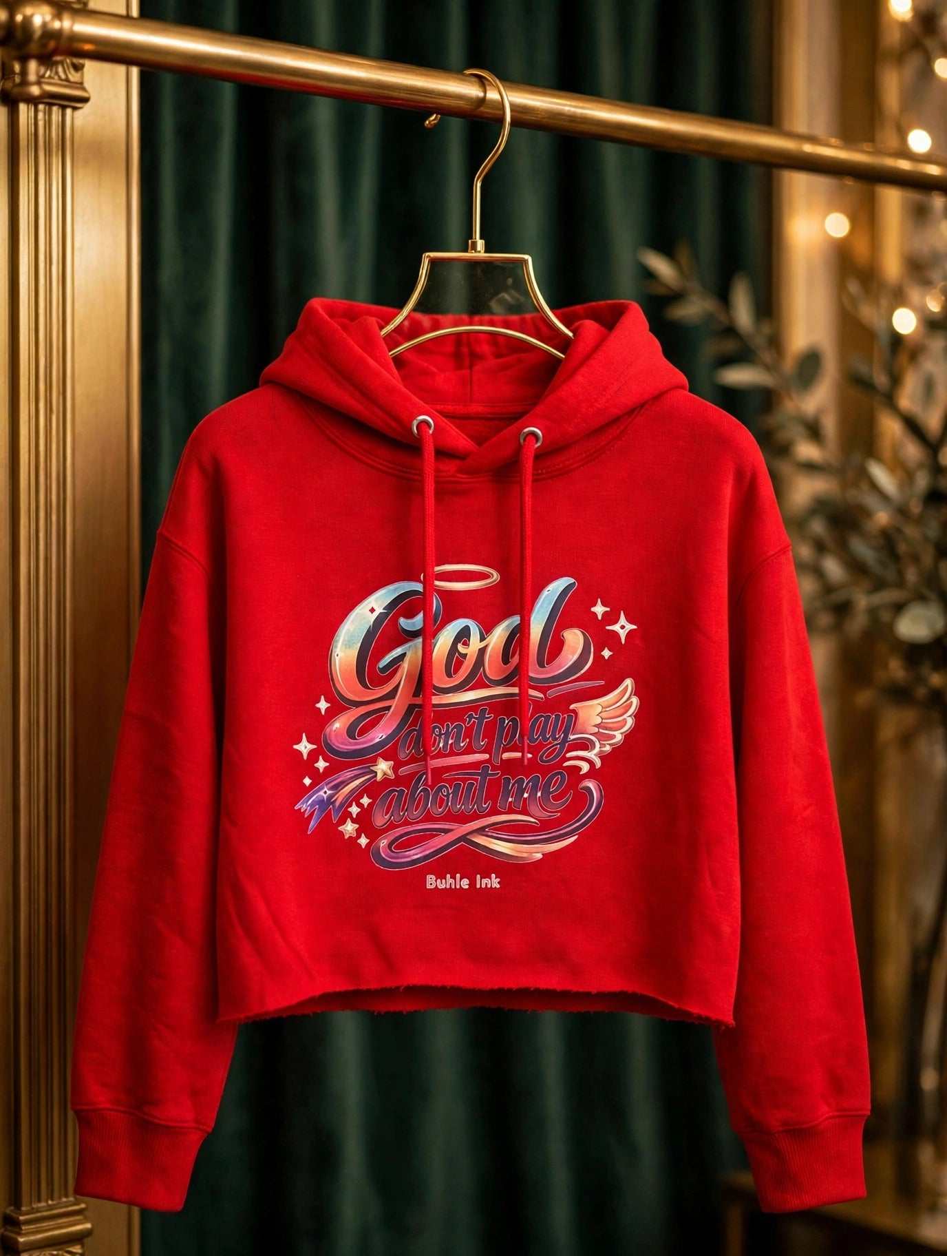 God Don't Play About Me Hoodie in Deep Burgundy, hanging in a boutique.